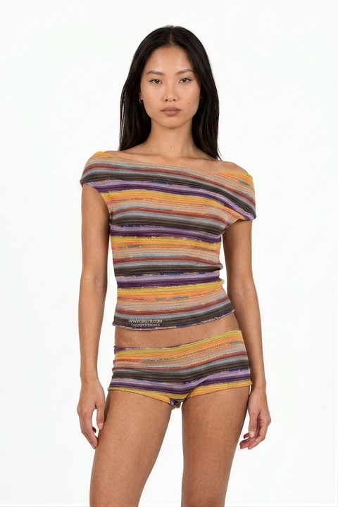 Set a due pezzi in maglia a righe multicolori