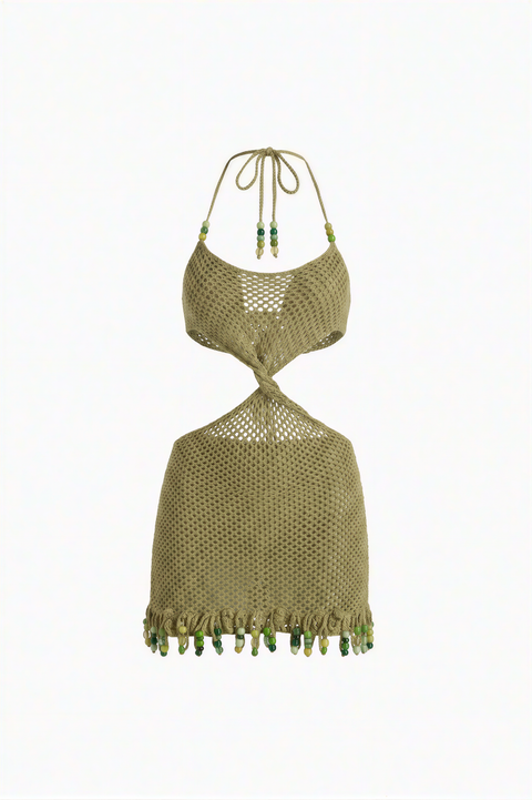 Mini-robe ajourée en crochet vert olive