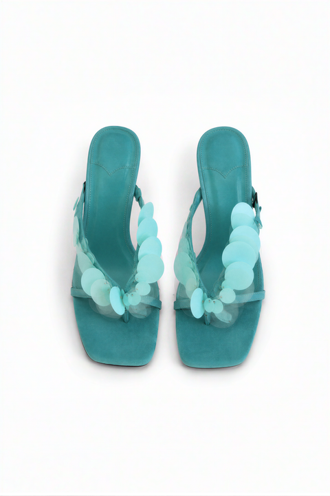 Vibrante türkise Pailletten-Stilettosandalen