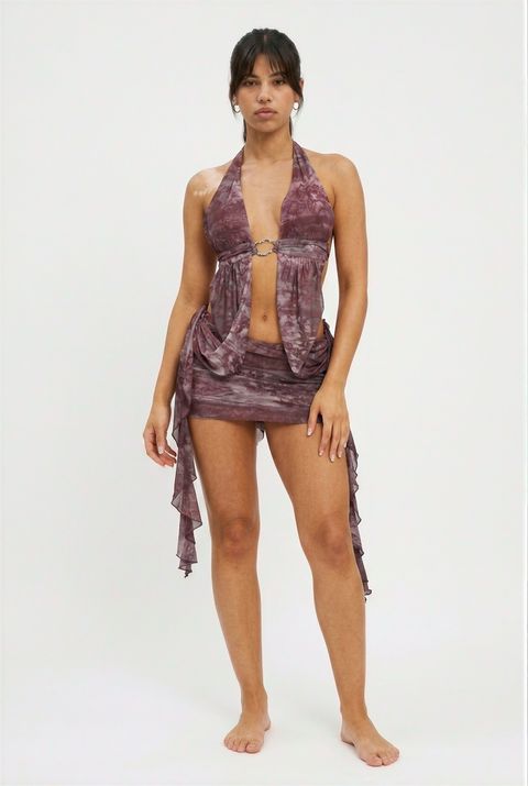Conjunto Purple Haze com decote profundo e tecido drapeado