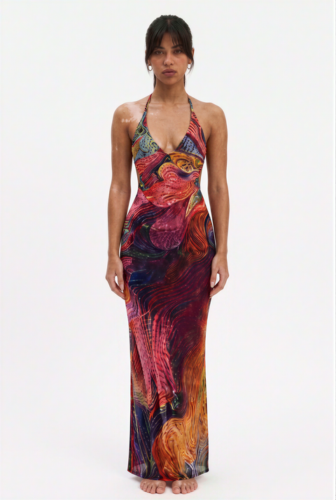 Abstraktes psychedelisches Mesh Neckholder Maxikleid