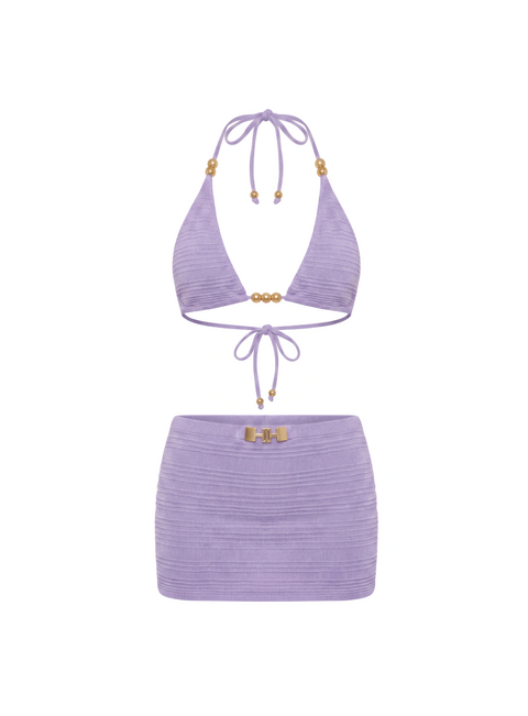 Ensemble bikini dos nu texturé et mini-jupe