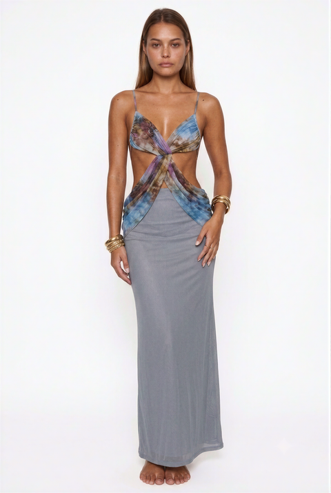 Maxikleid mit Batikmuster, Wickeldetail und Cut-Outs