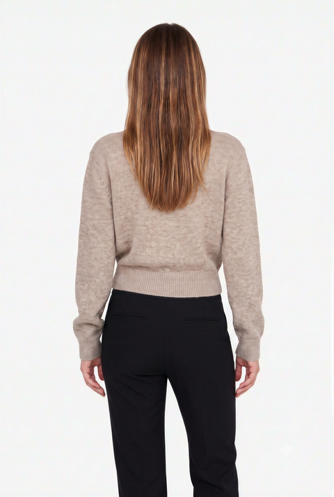 Grauer V-Ausschnitt-Wickelpullover aus Strick