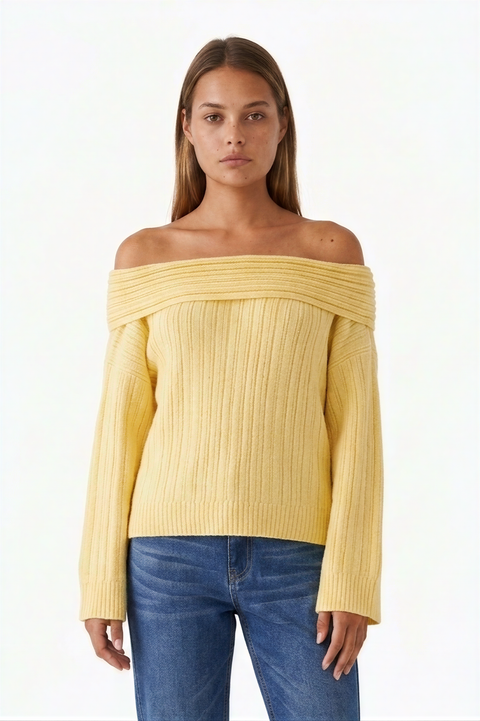 Pastel yellow ribbed off-the-shoulder knit sweater