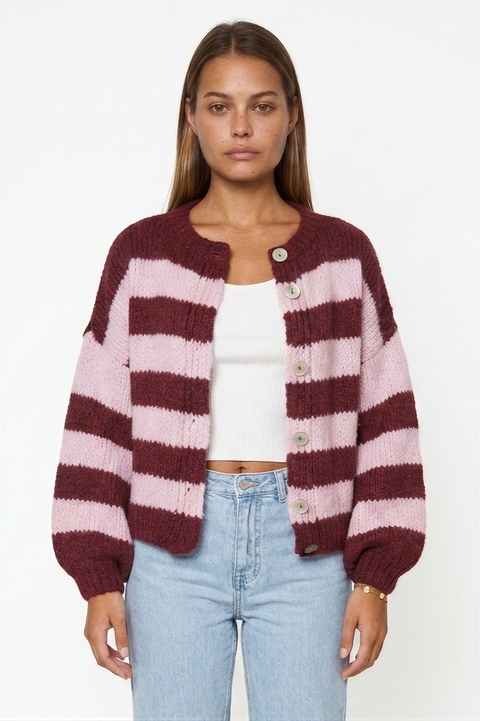 Grobstrick-Cardigan mit zweifarbigem Streifenmuster