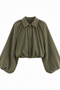 Collared Zip-Front Ruched Crop Jacket with Balloon Sleeves