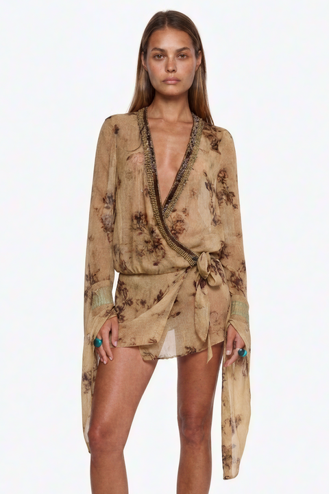 Wickel-Strandkleid mit Perlenstickerei und Blumenmuster