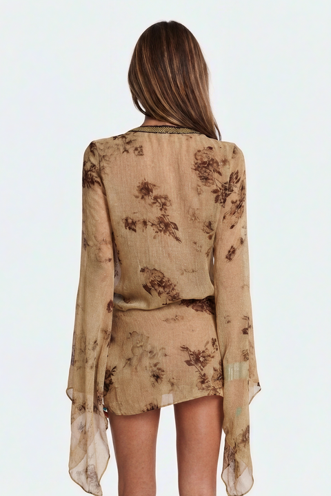 Wickel-Strandkleid mit Perlenstickerei und Blumenmuster