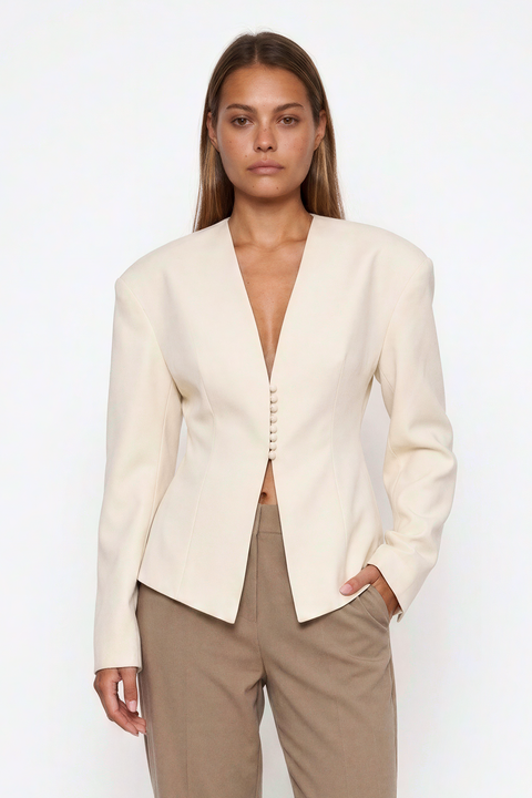 Ivory Structured Collarless Deep-V Blazer