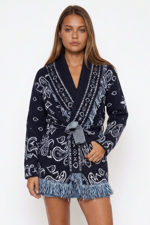 Cardigan con stampa western e cintura da annodare in vita