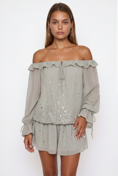 Off-the-Shoulder Sequin Chiffon Mini Dress