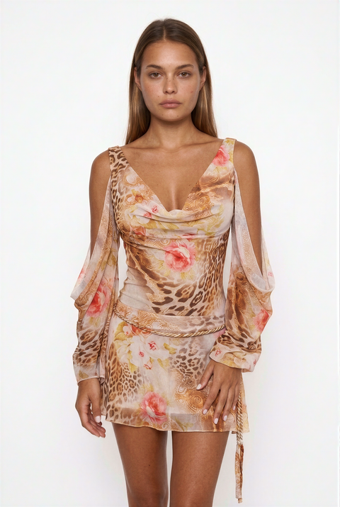 Robe en résille à motif léopard et fleurs, épaules dénudées