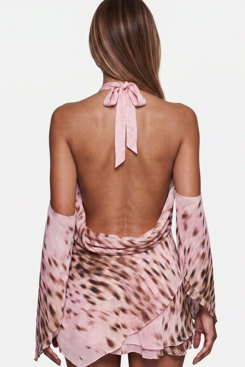 Rosa Leopard Mini-Kleid mit Rüschen und transparenten Details