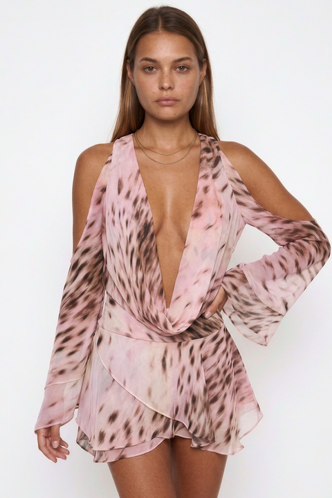 Rosa Leopard Mini-Kleid mit Rüschen und transparenten Details