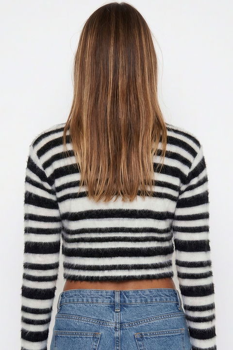 Fuzzy Black and White Striped Cropped Cardigan