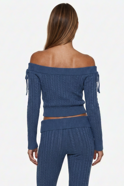 Conjunto de camisola de malha com mangas de atar e calças com cintura dobrada