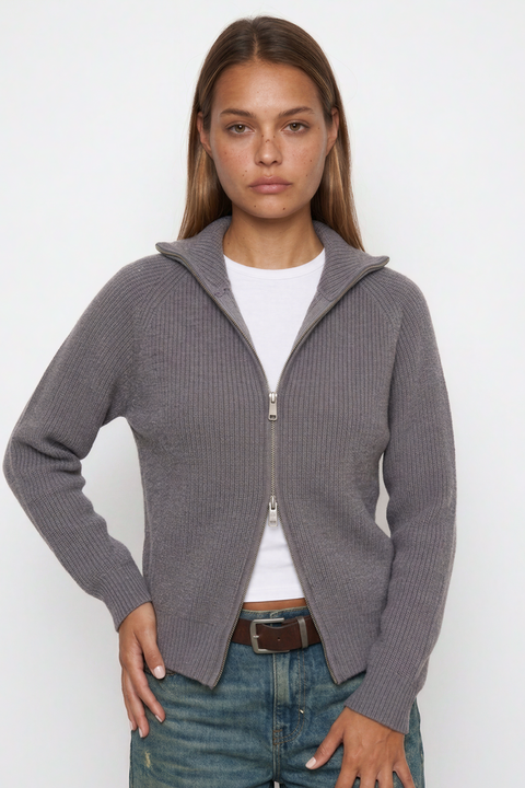 Cardigan antracite con maniche raglan e zip