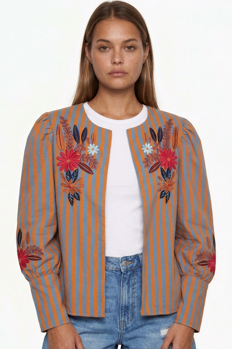 Veste ouverte à rayures et broderies florales