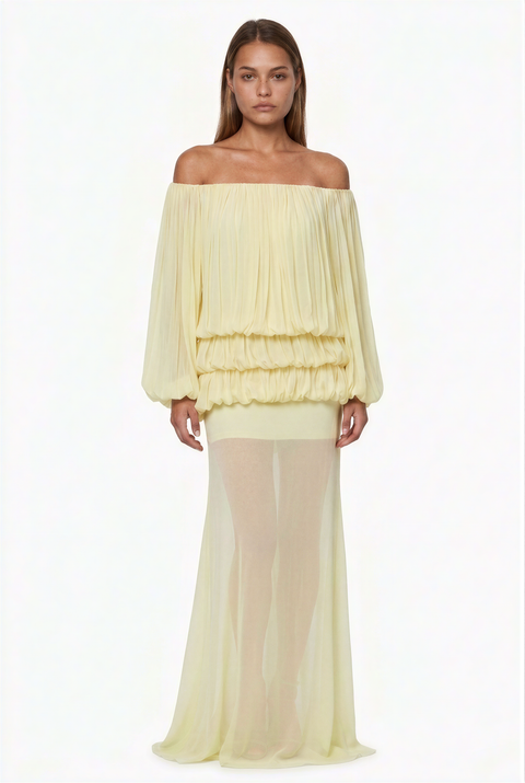Pale Yellow Pleated Off-the-Shoulder Maxi Dress