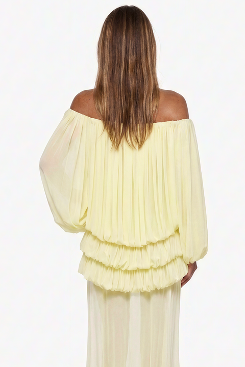 Pale Yellow Pleated Off-the-Shoulder Maxi Dress