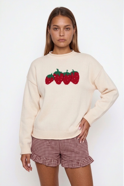 Maglione in maglia color crema con motivo a fragole