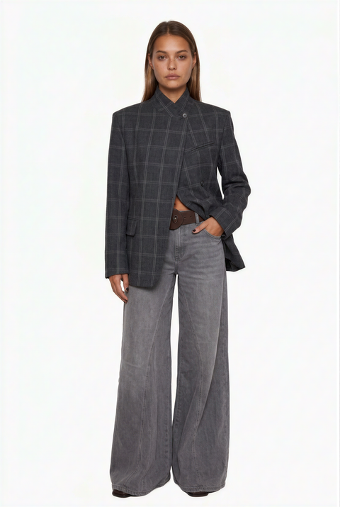 Plaid Asymmetric Stand-Collar Blazer