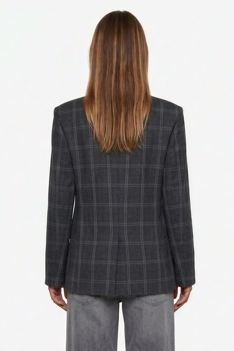 Plaid Asymmetric Stand-Collar Blazer