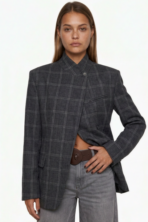 Plaid Asymmetric Stand-Collar Blazer