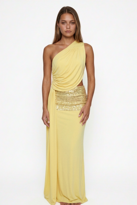 Abito lungo giallo limone arricciato con dettagli di paillettes