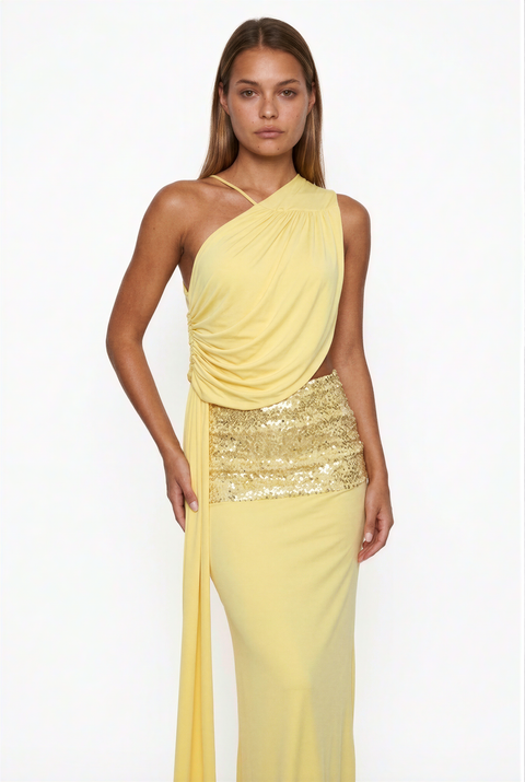 Abito lungo giallo limone arricciato con dettagli di paillettes