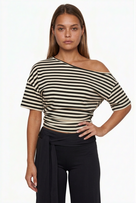 Striped Off-The-Shoulder Short Sleeve Top