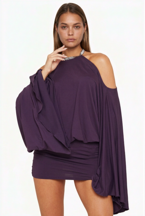 Robe de soirée drapée à manches chauve-souris, ornée et dos nu