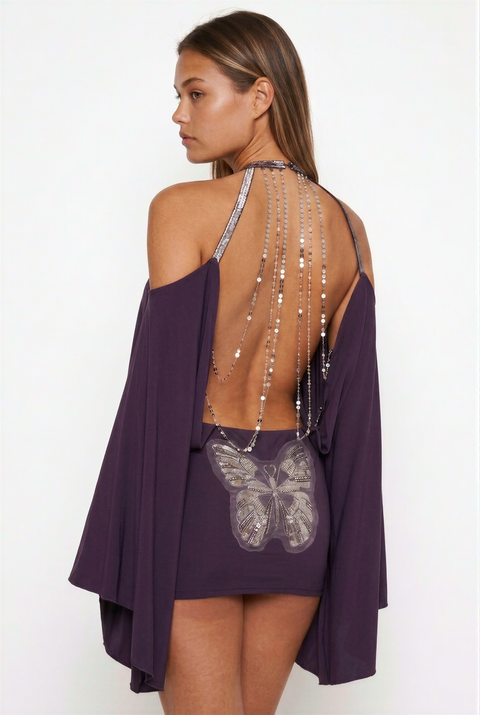 Robe de soirée drapée à manches chauve-souris, ornée et dos nu