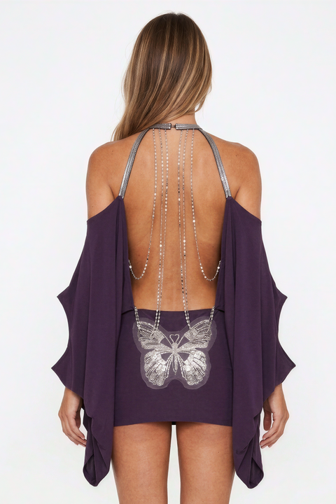 Robe de soirée drapée à manches chauve-souris, ornée et dos nu