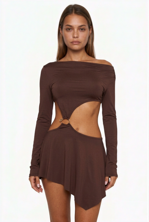 Schokoladenbraunes langärmeliges Mini-Kleid mit Cut-outs