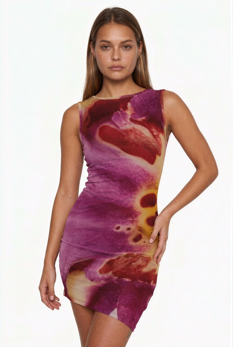 Abstract Magenta Floral Sleeveless Mini Dress