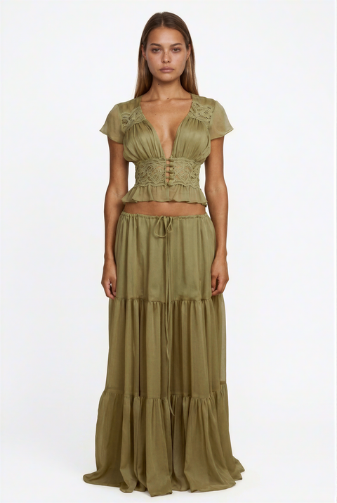 Maxiset im Boho-Stil aus olivfarbener Spitze