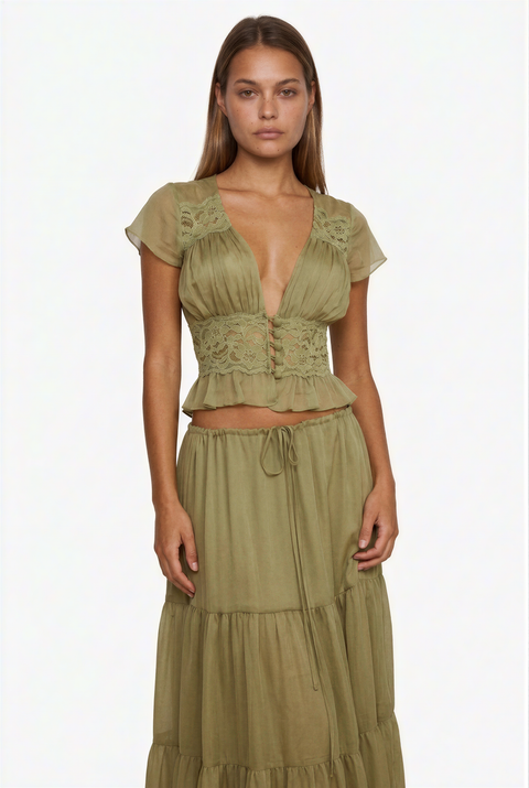 Maxiset im Boho-Stil aus olivfarbener Spitze