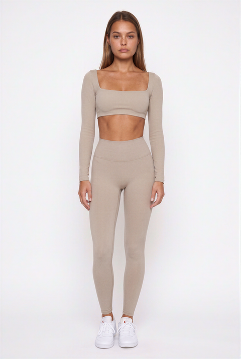 Taupe Square Neck Long Sleeve Set