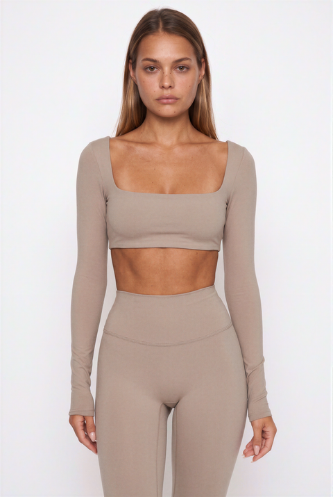Taupe Square Neck Long Sleeve Set
