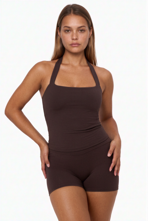 Espresso Brown Halter Top and Biker Short Set