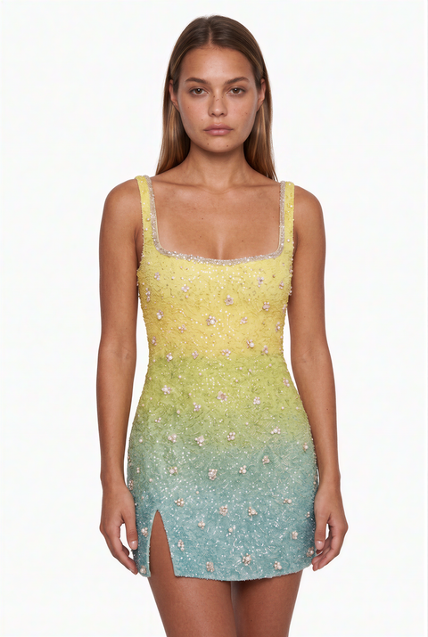 Gelbes & türkises Ombré-Minikleid mit Verzierungen
