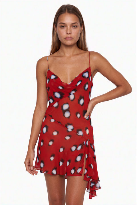 Rot abstrakt gemustertes Mini-Kleid mit Wasserfallausschnitt