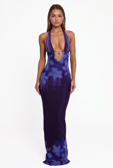 Midnight Bloom Halter Maxi Dress
