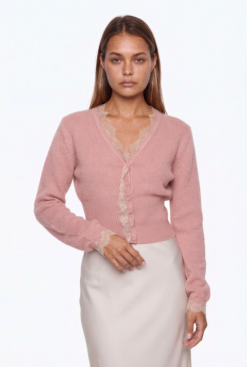 Cardigan in maglia soffice rosa con bordi in pizzo