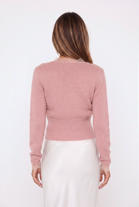 Cardigan in maglia soffice rosa con bordi in pizzo