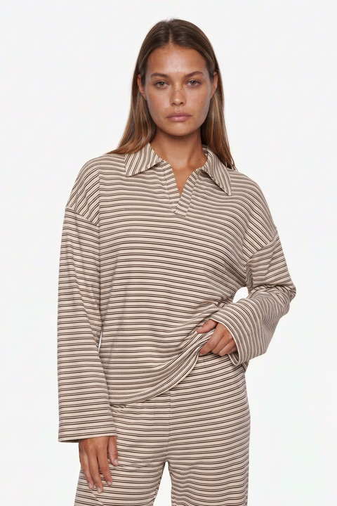 Striped Collared Long Sleeve and Wide Leg Pant Set