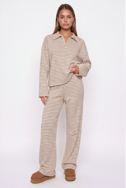Striped Collared Long Sleeve and Wide Leg Pant Set