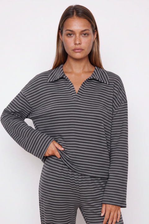 Striped Collared Long Sleeve and Wide Leg Pant Set